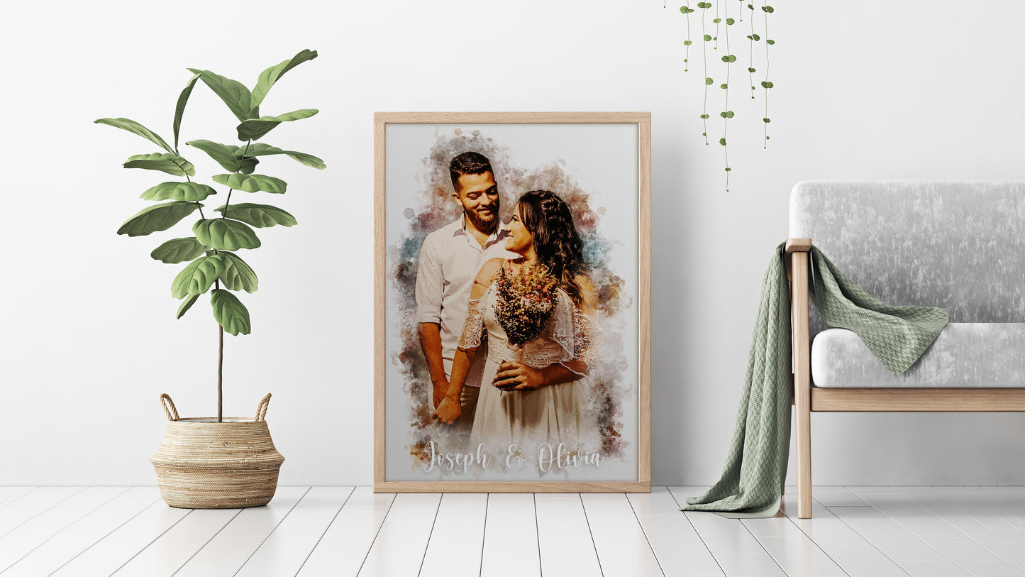 Splash style watercolor portrait for couple, wedding, family.