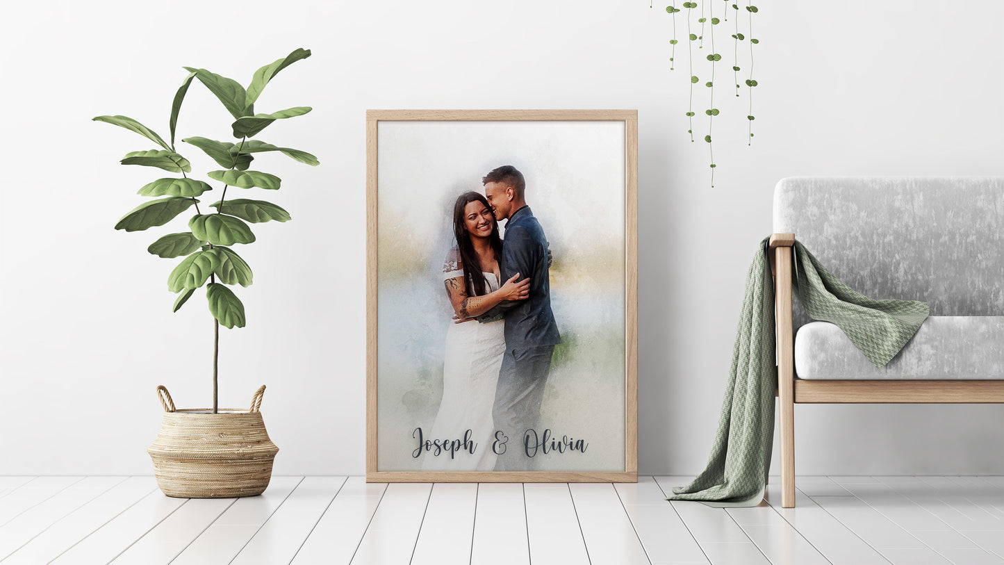 Watercolor style portrait for couple, wedding, family.