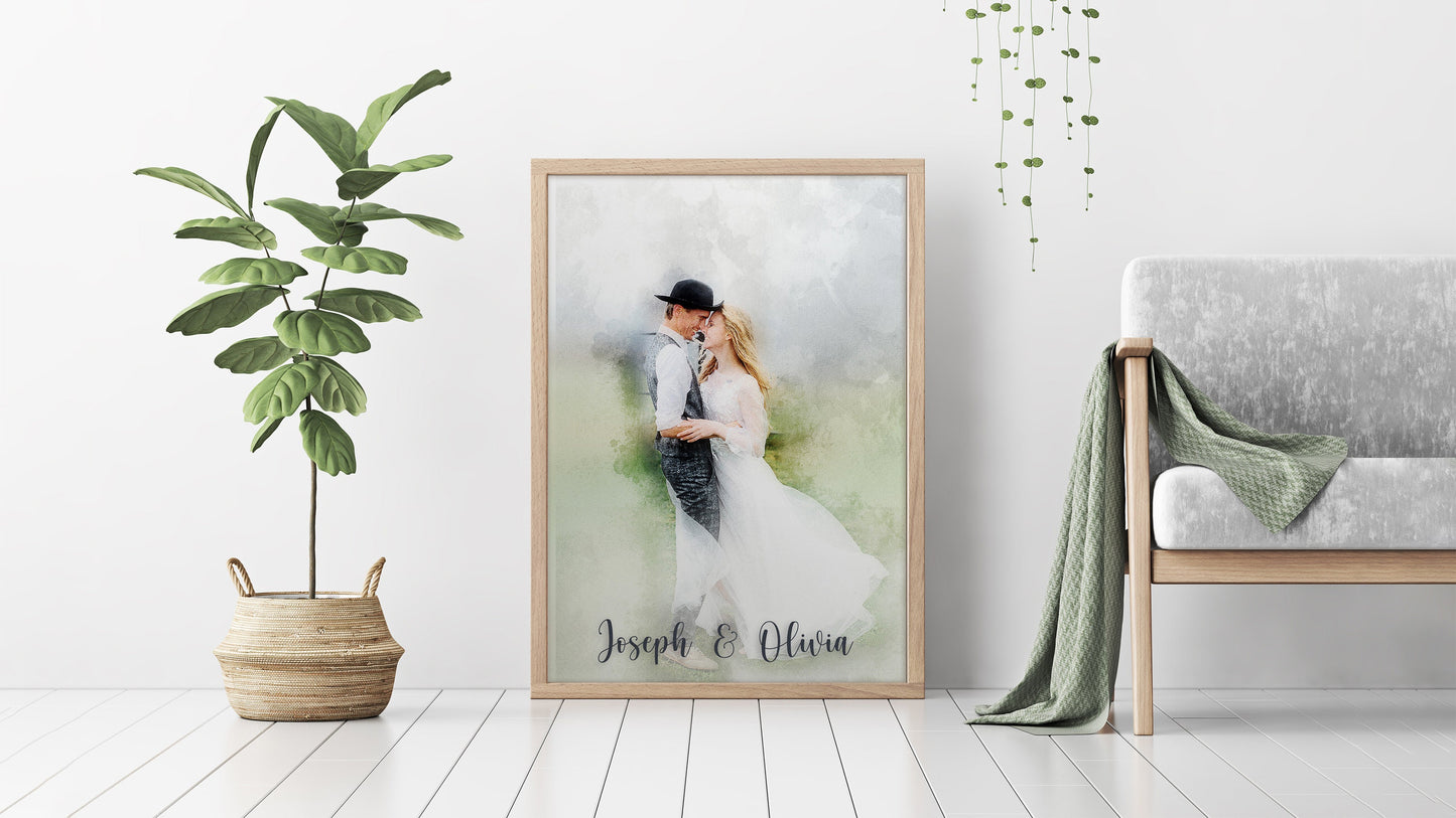 Watercolor style portrait for couple, wedding, family.